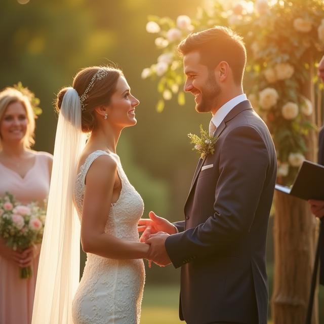 Bride and groom exchanging vows outdoors